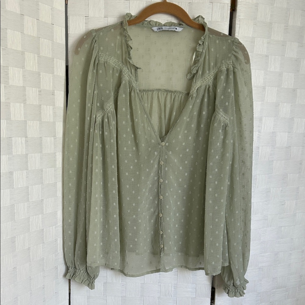 Zara Light Sage Sheer Blouse